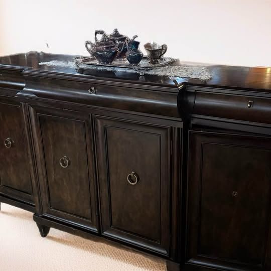 A.R.T Discontinued brindle buffet with Greek style hardware & inner wine slats