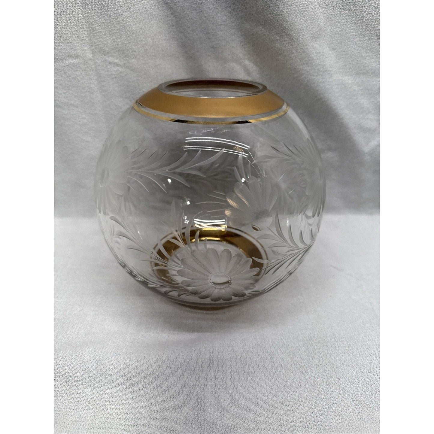 Rare Mid Century Clear Glass Round Vase Etched Flowers Gold Rim On Top & Bottom