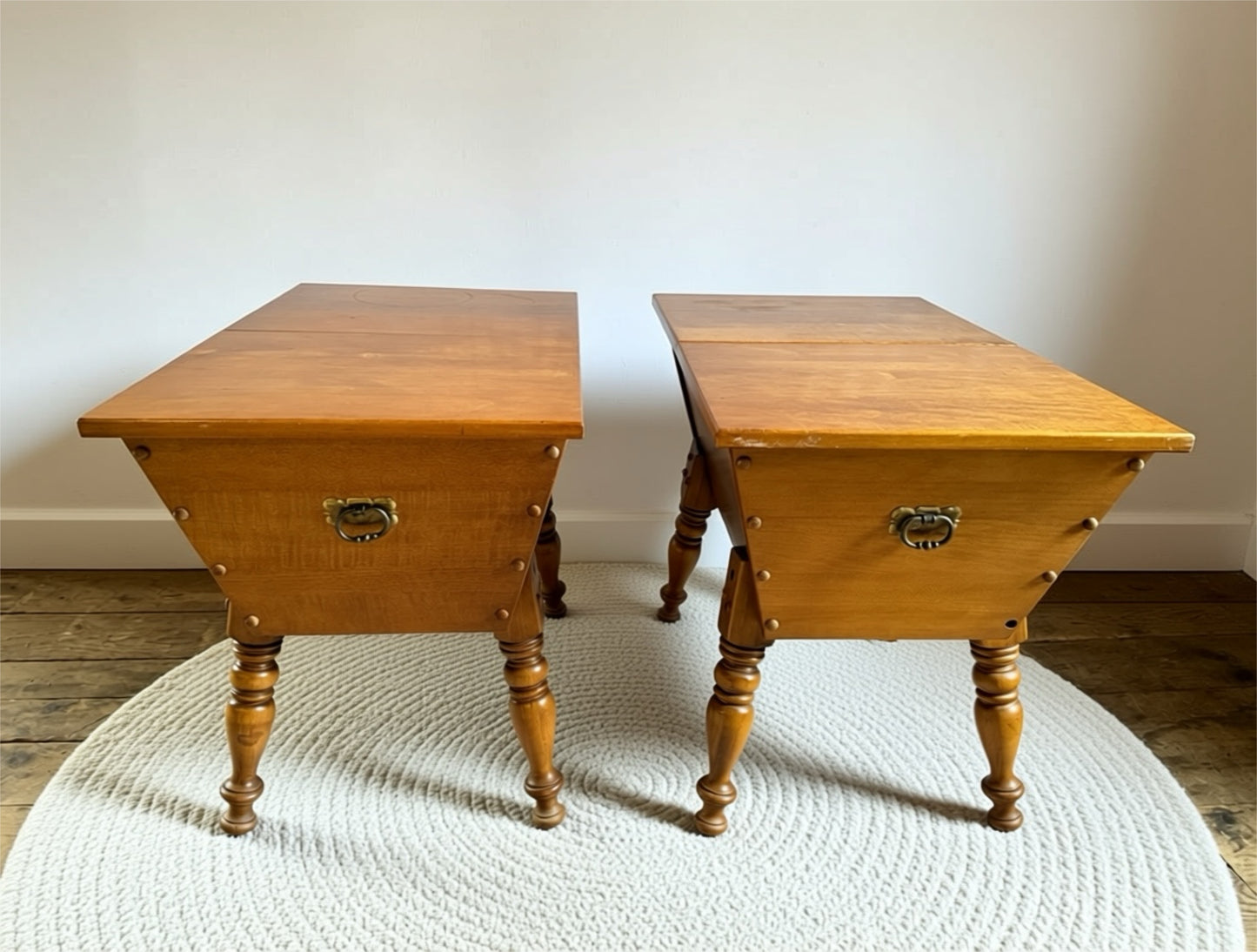 Pair of vintage solid maple dough box end tables with double flip top opening tops