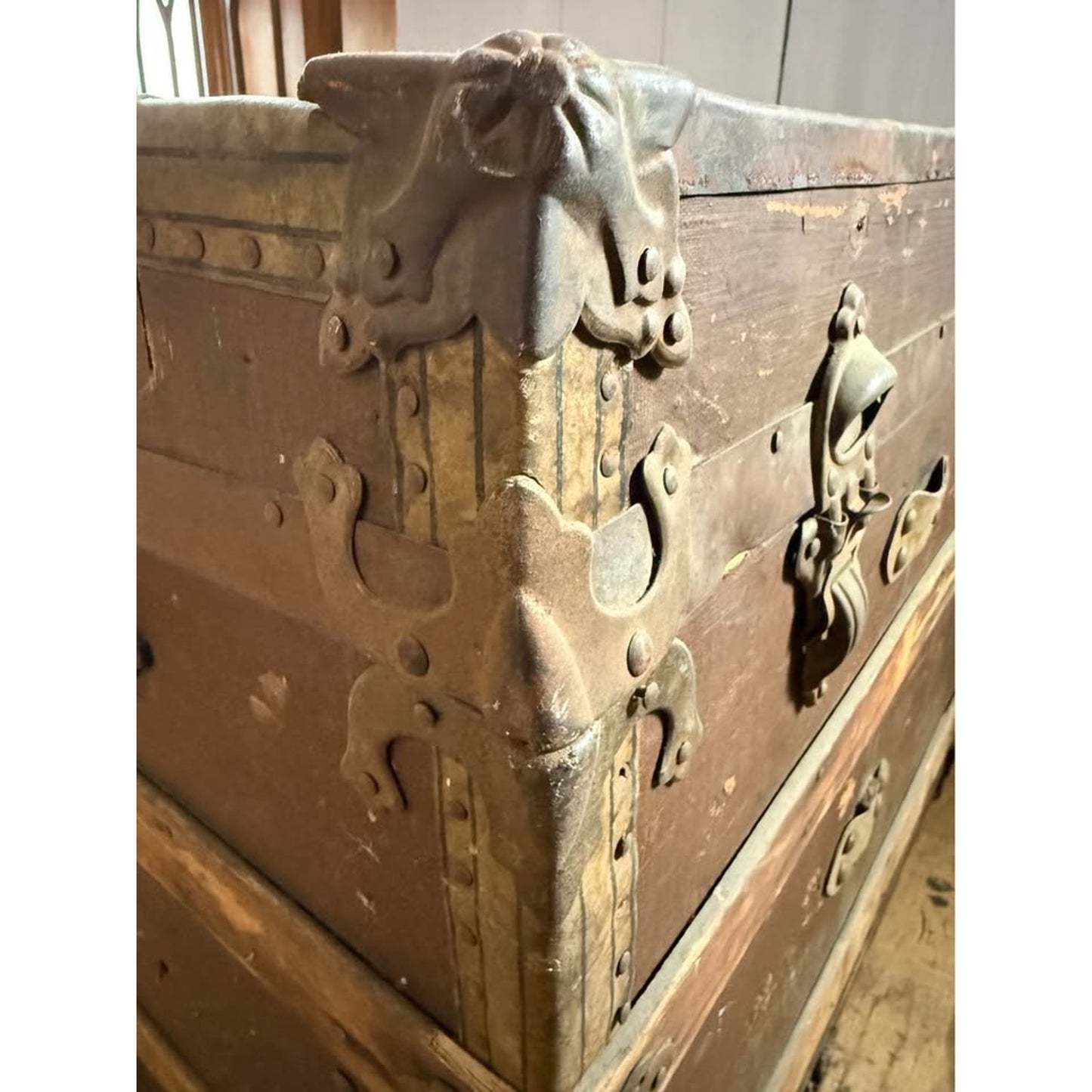 Large Antique wooden flat top steamer trunk