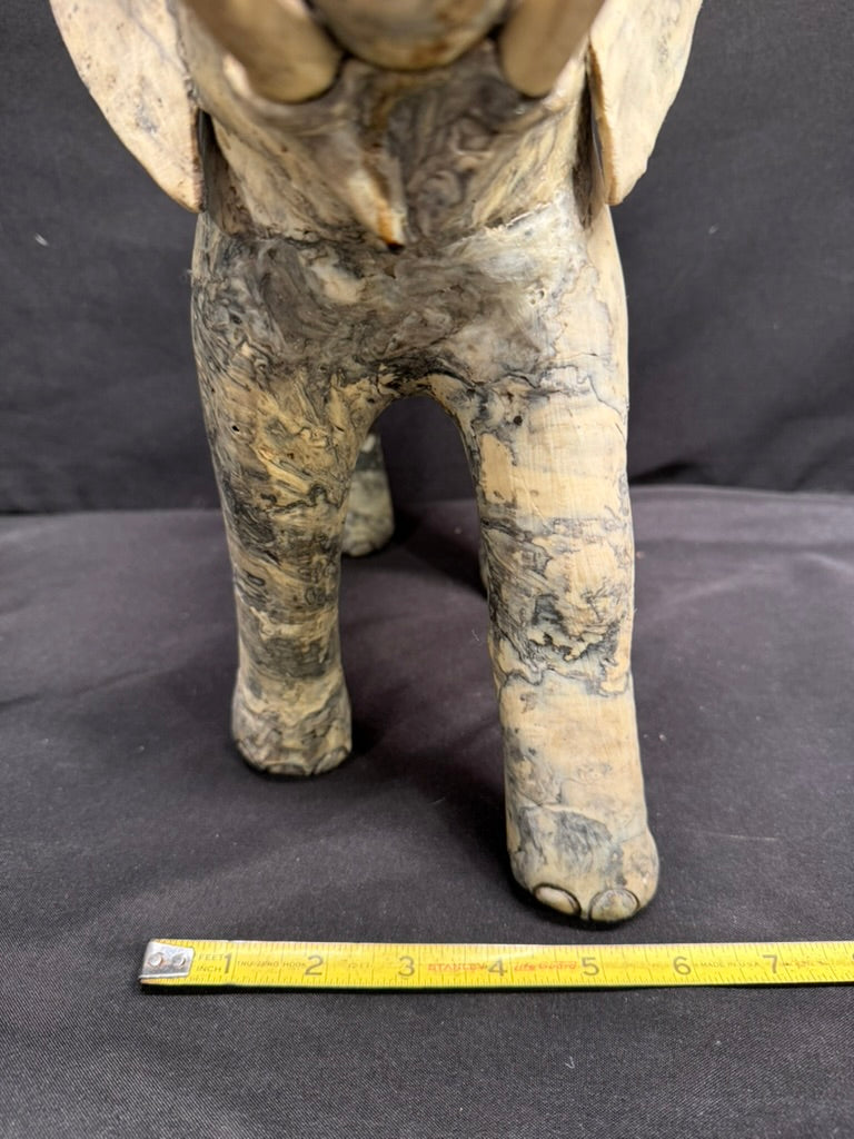 Large Vintage Carved Elephant made from Crushed Oyster Shells with trunk up 15” tall