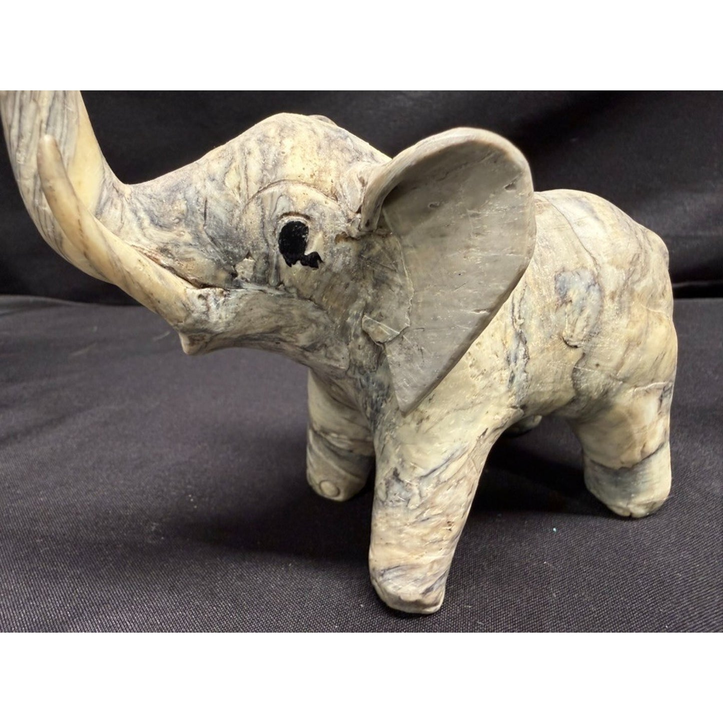 Pair Carved Elephants made from Crushed Oyster Shells trunk up Vintage 5.5" tall