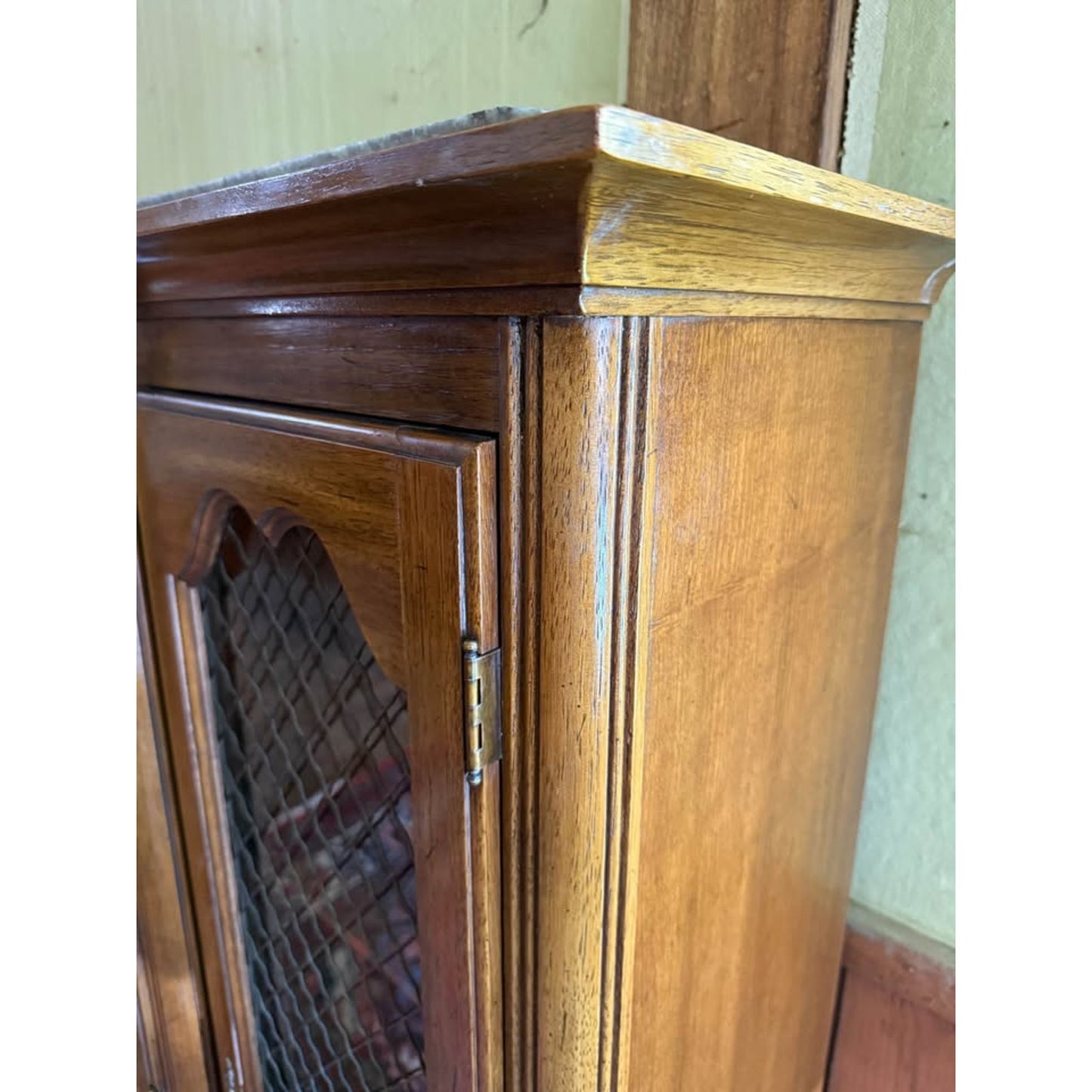 Antique wooden hutch/china cabinet/liquor cabinet with glass doors & shelves, iron detail