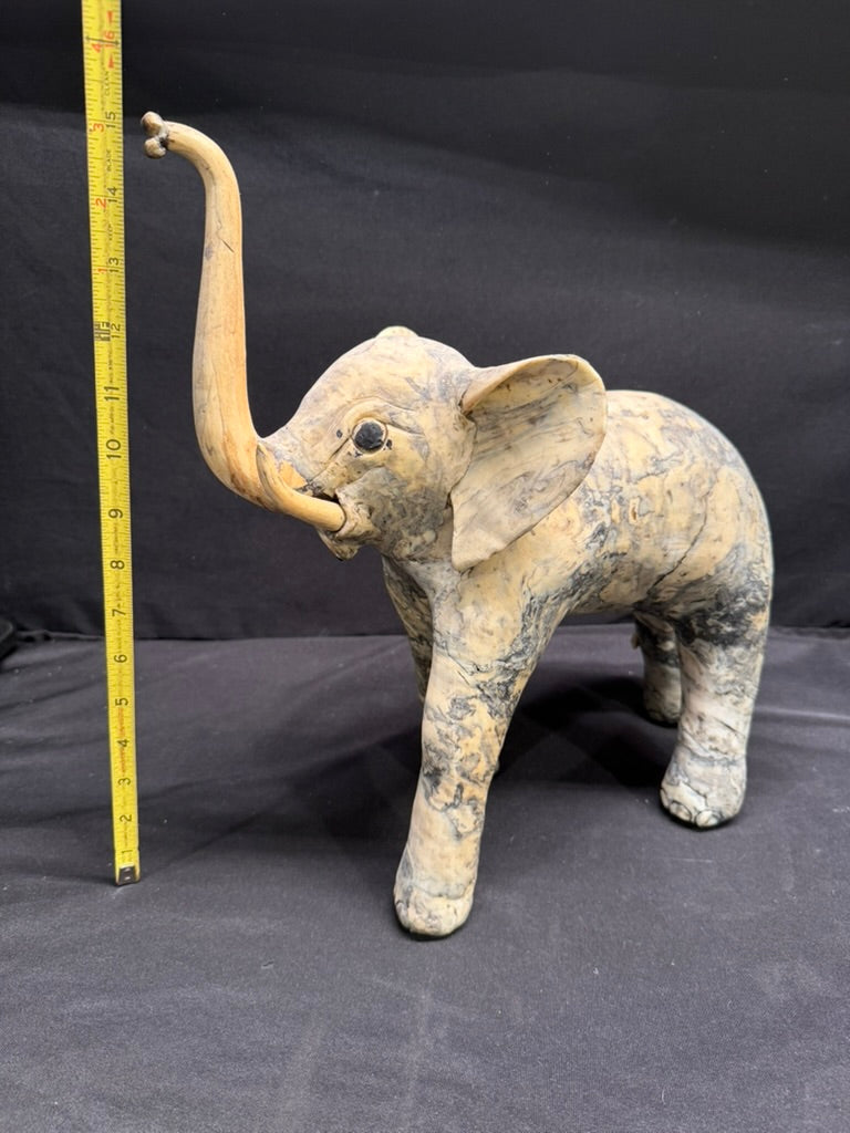 Large Vintage Carved Elephant made from Crushed Oyster Shells with trunk up 15” tall