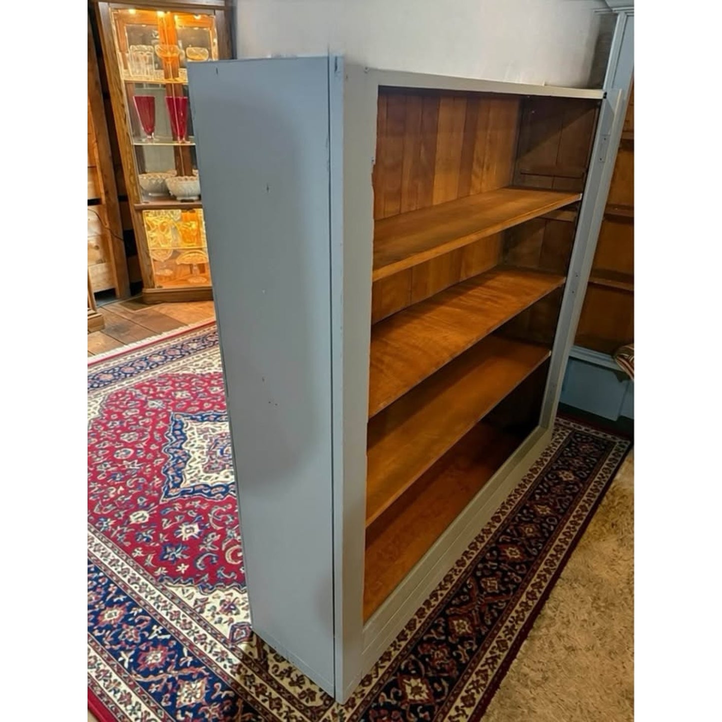 Antique bookcase late 1800’s with cedar plank backing and baby blue paint