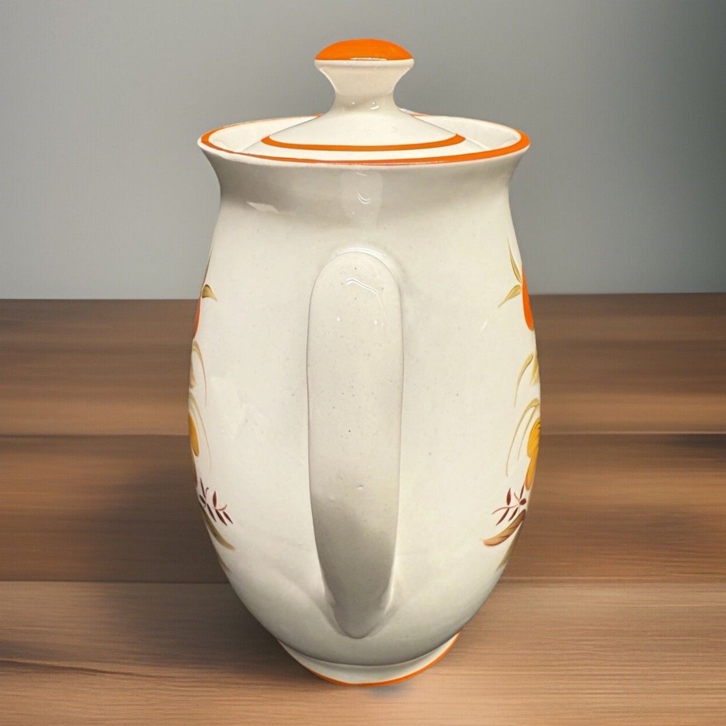 Rare MCM White ceramic Lidded Pitcher Orange Flower 9.75” Tall Coffee Water Tea