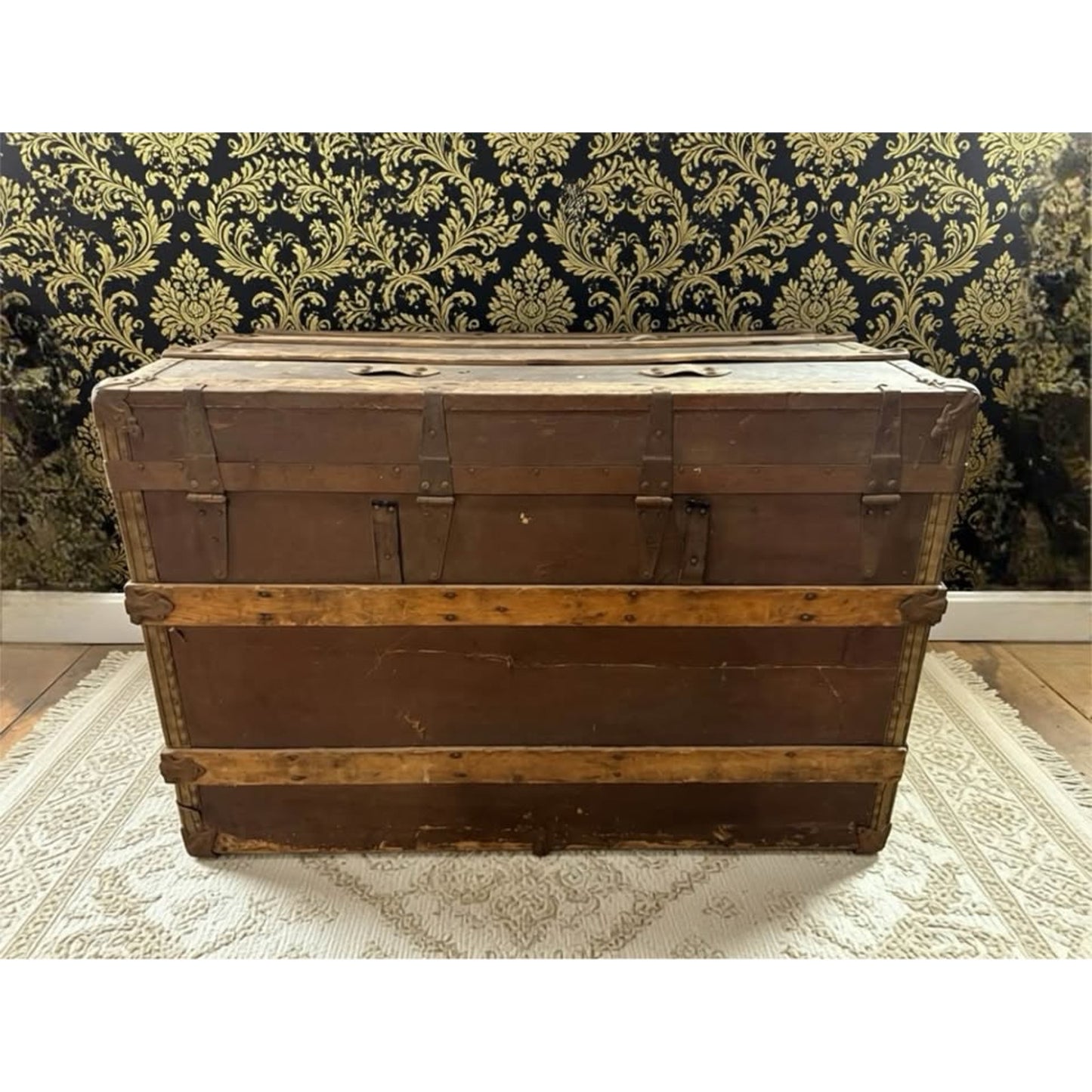 Large Antique wooden flat top steamer trunk