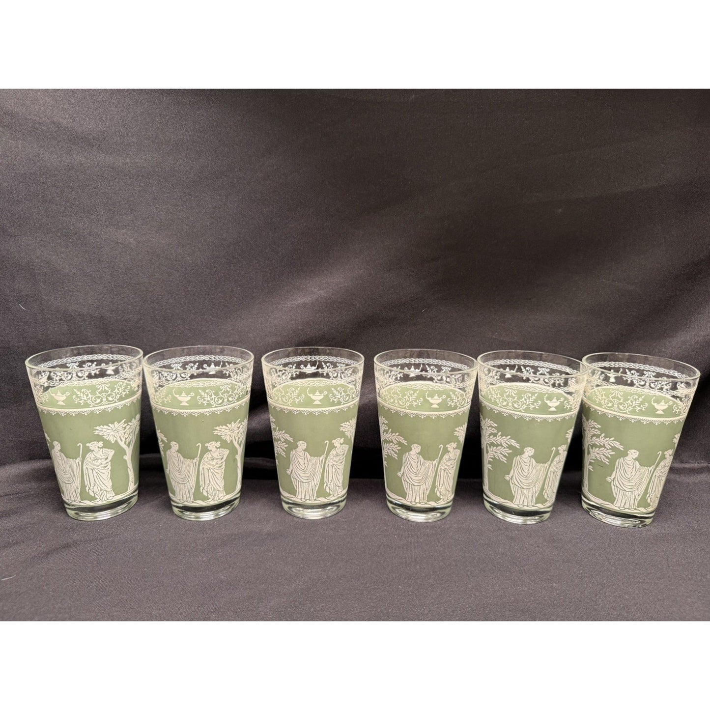 Set of 6 Wedgewood Jeanette Helllenic Sage green white Vintage glass tumblers 5”