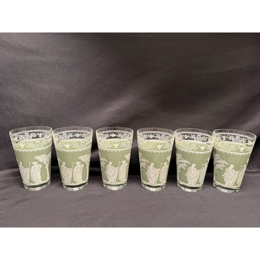 Set of 6 Wedgewood Jeanette Helllenic Sage green white Vintage glass tumblers 5”