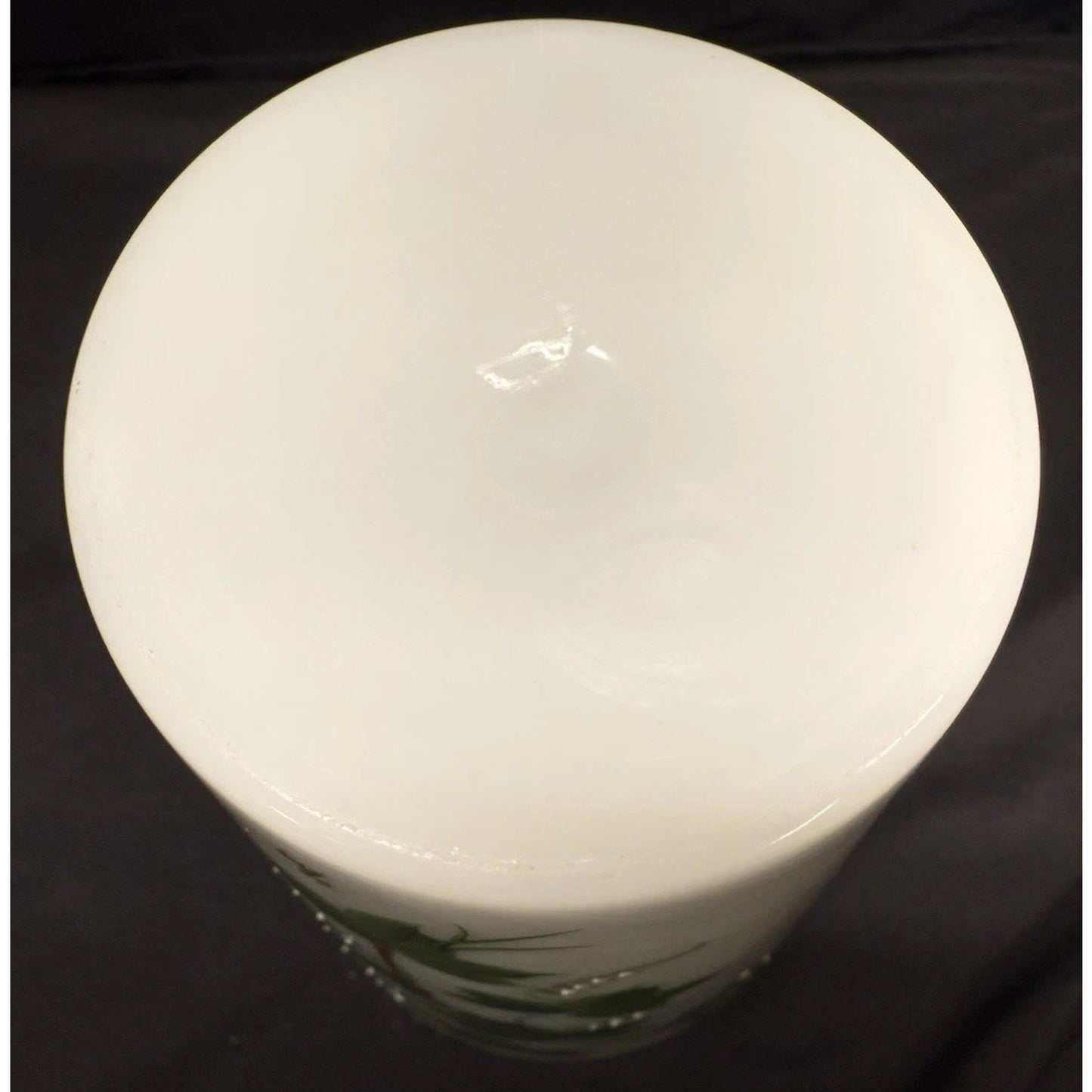 White vintage Opaline Glass Handpainted Vase with green ivy grape leaves 10.25”