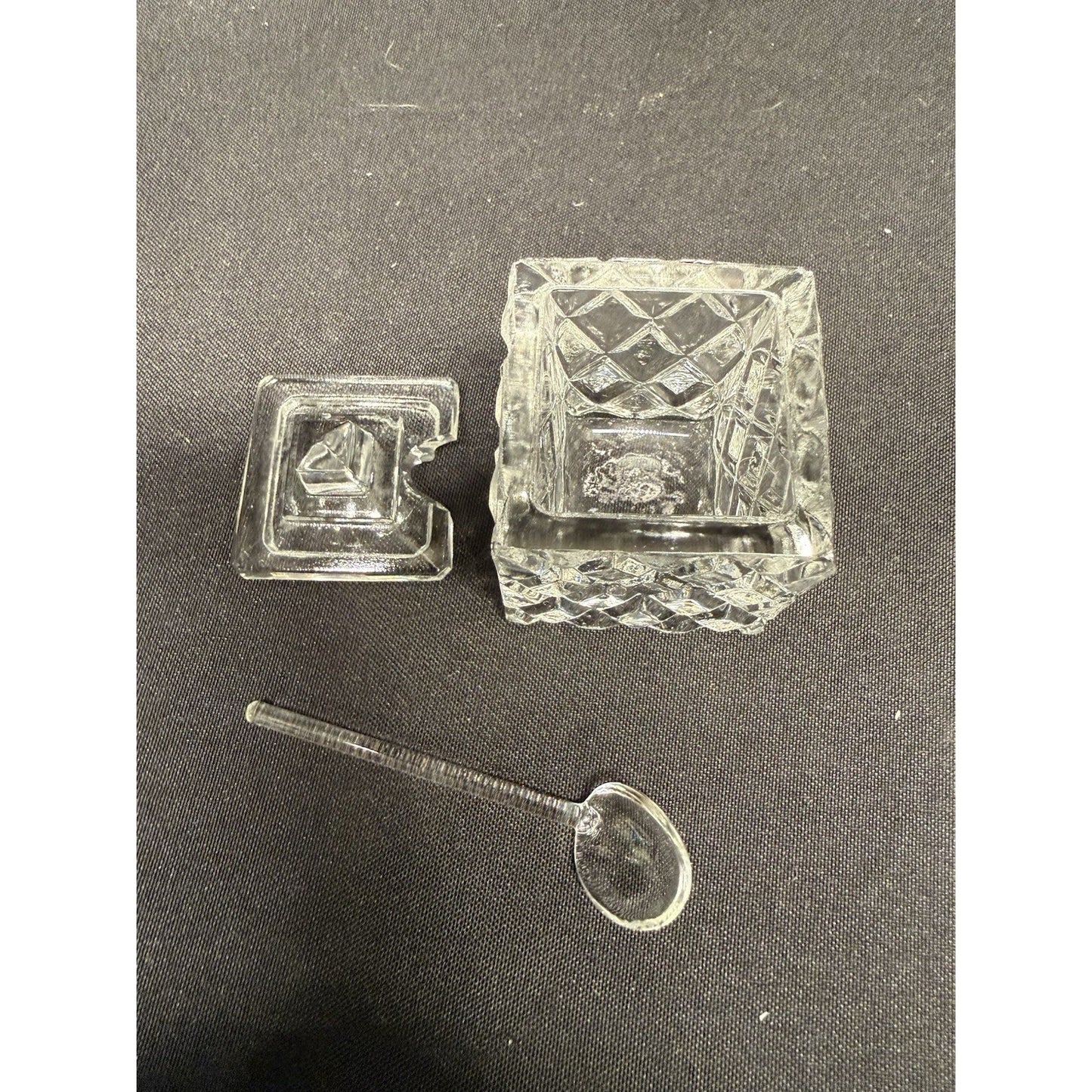 Rare Mini Crystal Clear Glass Cruets & Jam Jar W/ Spoon Set Of 3 Square Vintage
