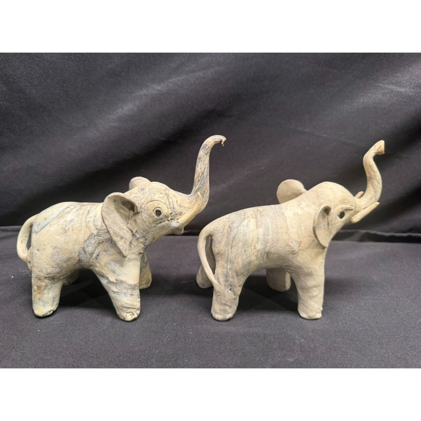 Pair Carved Elephants made from Crushed Oyster Shells trunk up Vintage 5.5" tall