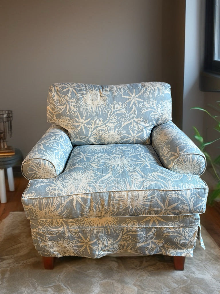 Oversized light blue and white beachy/floral arm chair