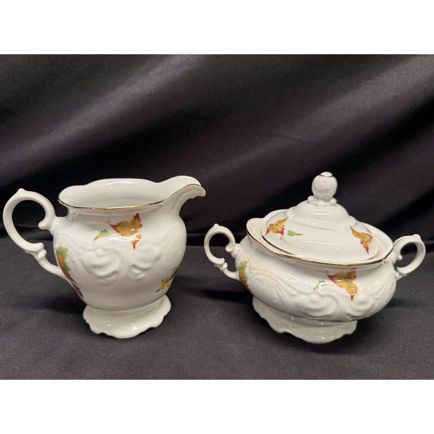Vintage Walbrzych Sugar & Creamer Dish Set Autumn Leaves Gold Gilding Porcelain