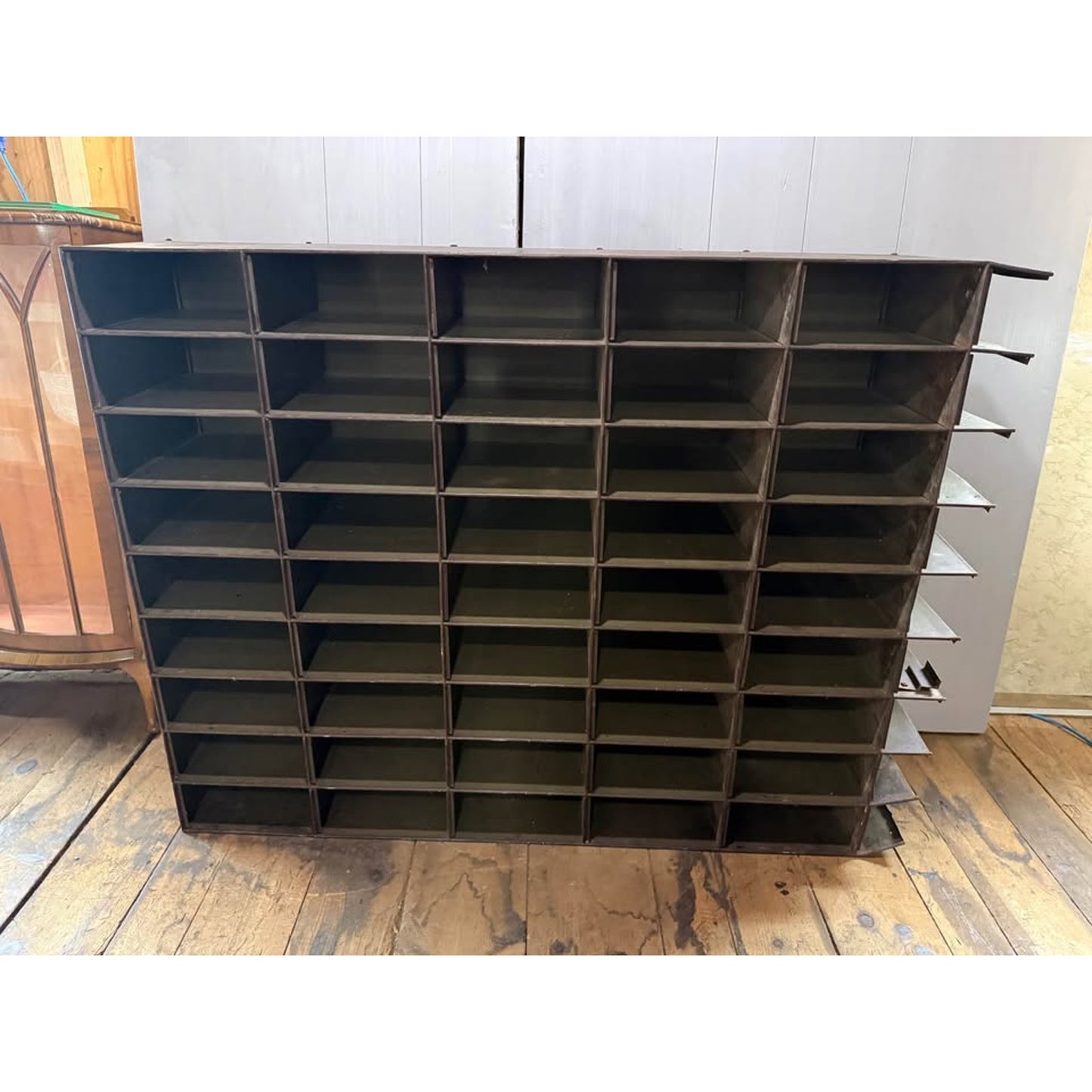 Vintage 1940’s metal Industrial mail organizer/ pigeon hole storage cabinet 45 slots