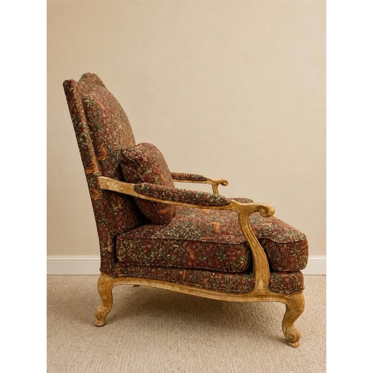 French provincial cottage style accent chair & matching ottoman wildlife red green tan