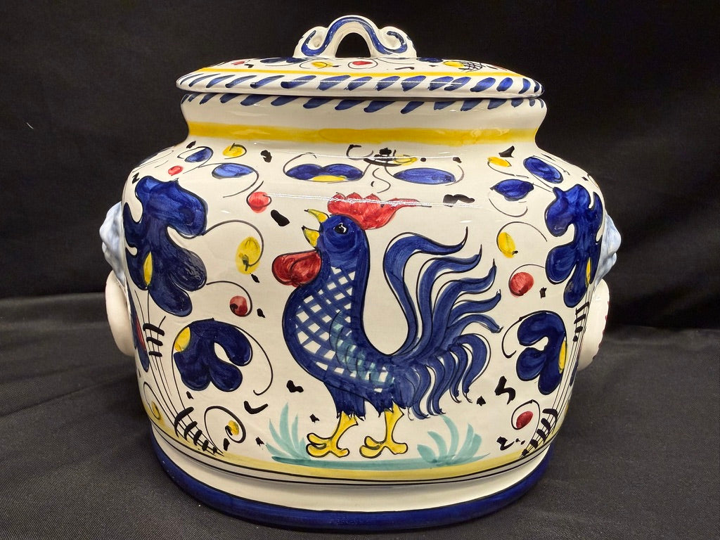 Vintage Deruta Italy Hand Painted Large Oval Cookie Jar/Canister withBiscotti Rooster