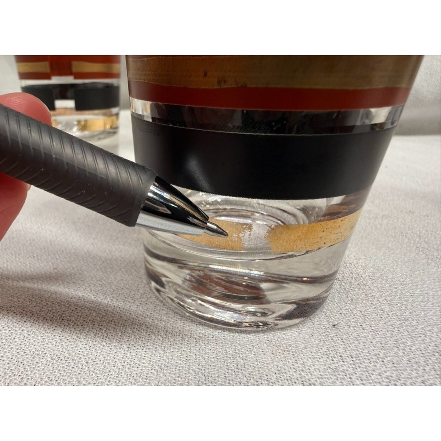 (7) Rare mid century modern high ball striped glasses red gold black 7" tumbler