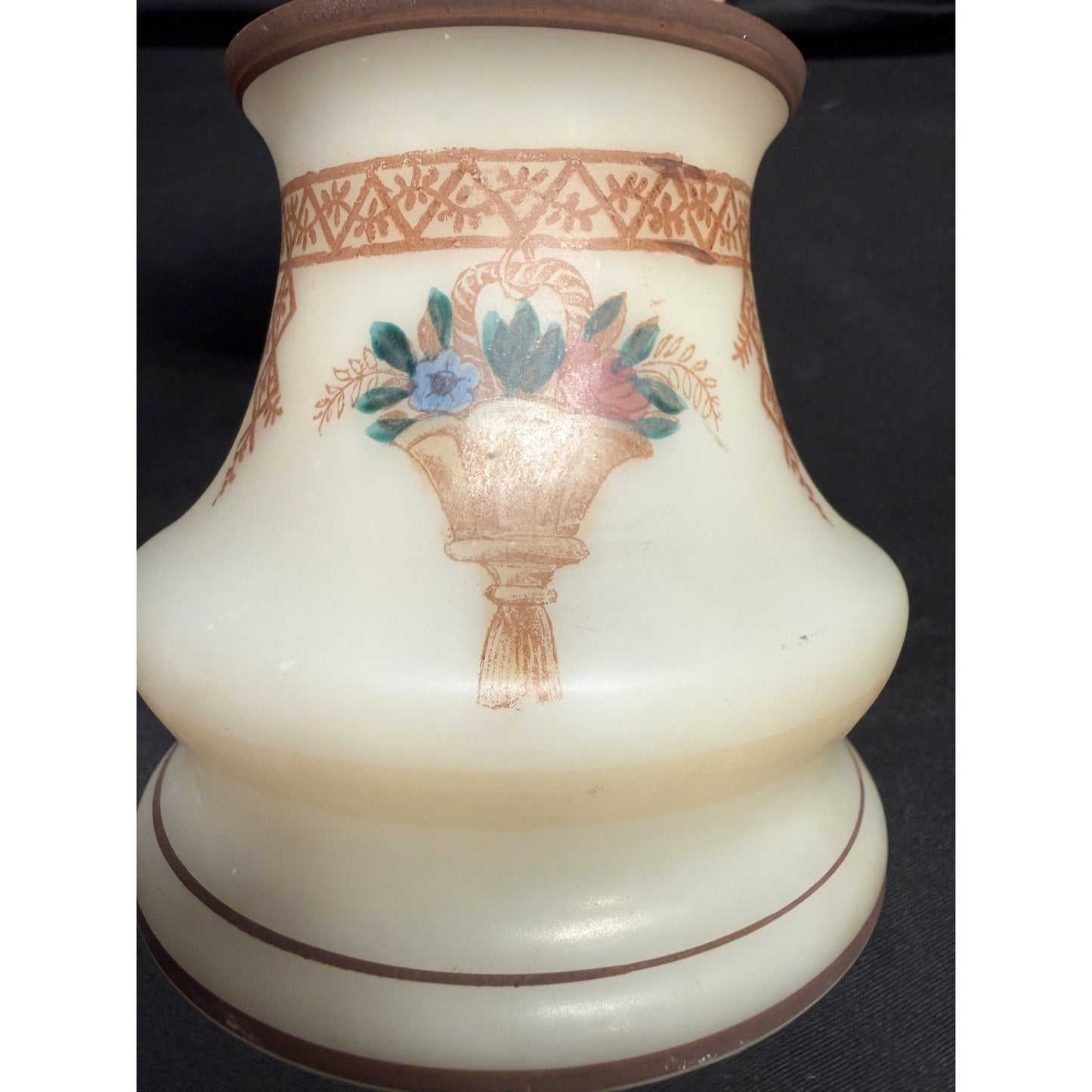 Rare (2) antique glass lamp shades hand painted bell shape brown cream floral 4"