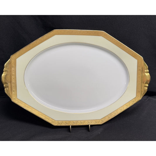 Heinrich & CO Selb Bavaria 16.5” X 11” Oval/octagon Serving Platter Gold vintage