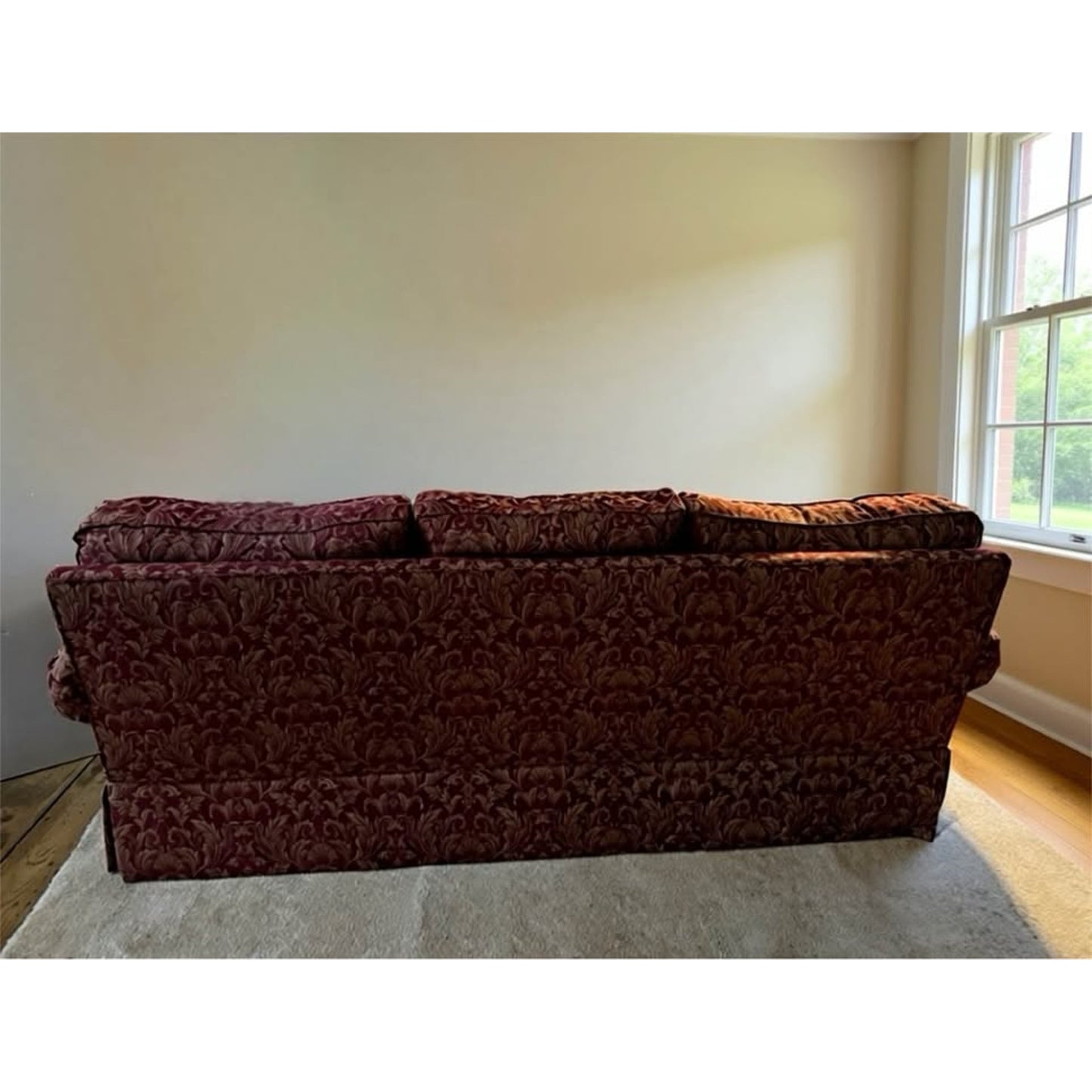 Burgundy and beige 3 seater plush couch very soft