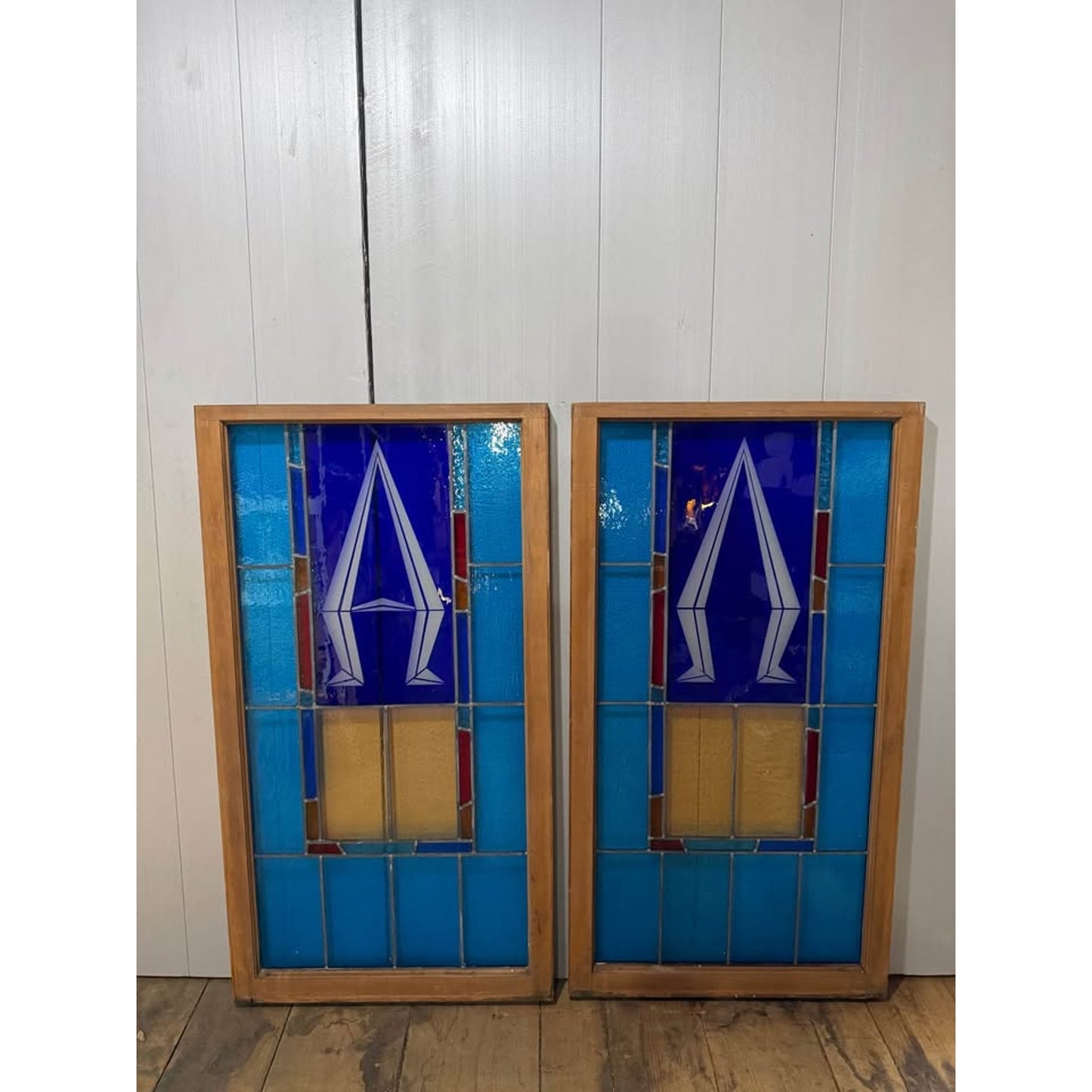 Set of 4 rare 1880’s gothic style & rectangular blue stained glass architectural salvage windows