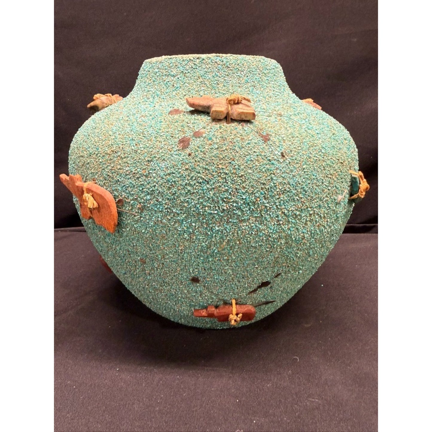 Vintage zuni large fetish pot/jar crushed turquoise 8.5" tall signed by artist