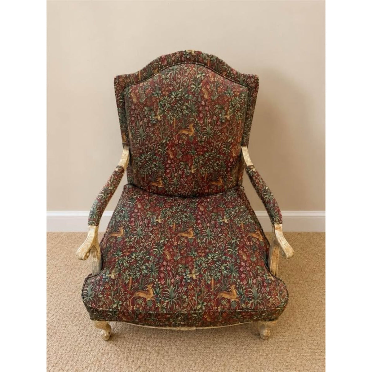 French provincial cottage style accent chair & matching ottoman wildlife red green tan
