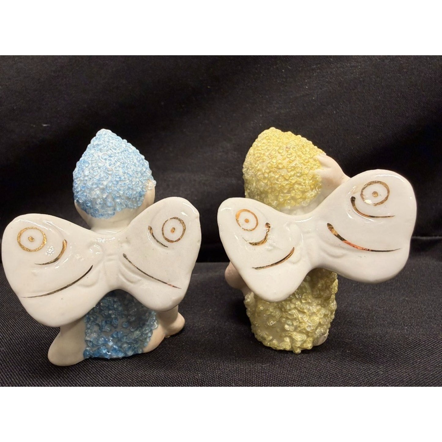 Pair of Vintage Sugar Baby Fairy Pixie Porcelain Figurines 1 blue 1 yellow 2.75"