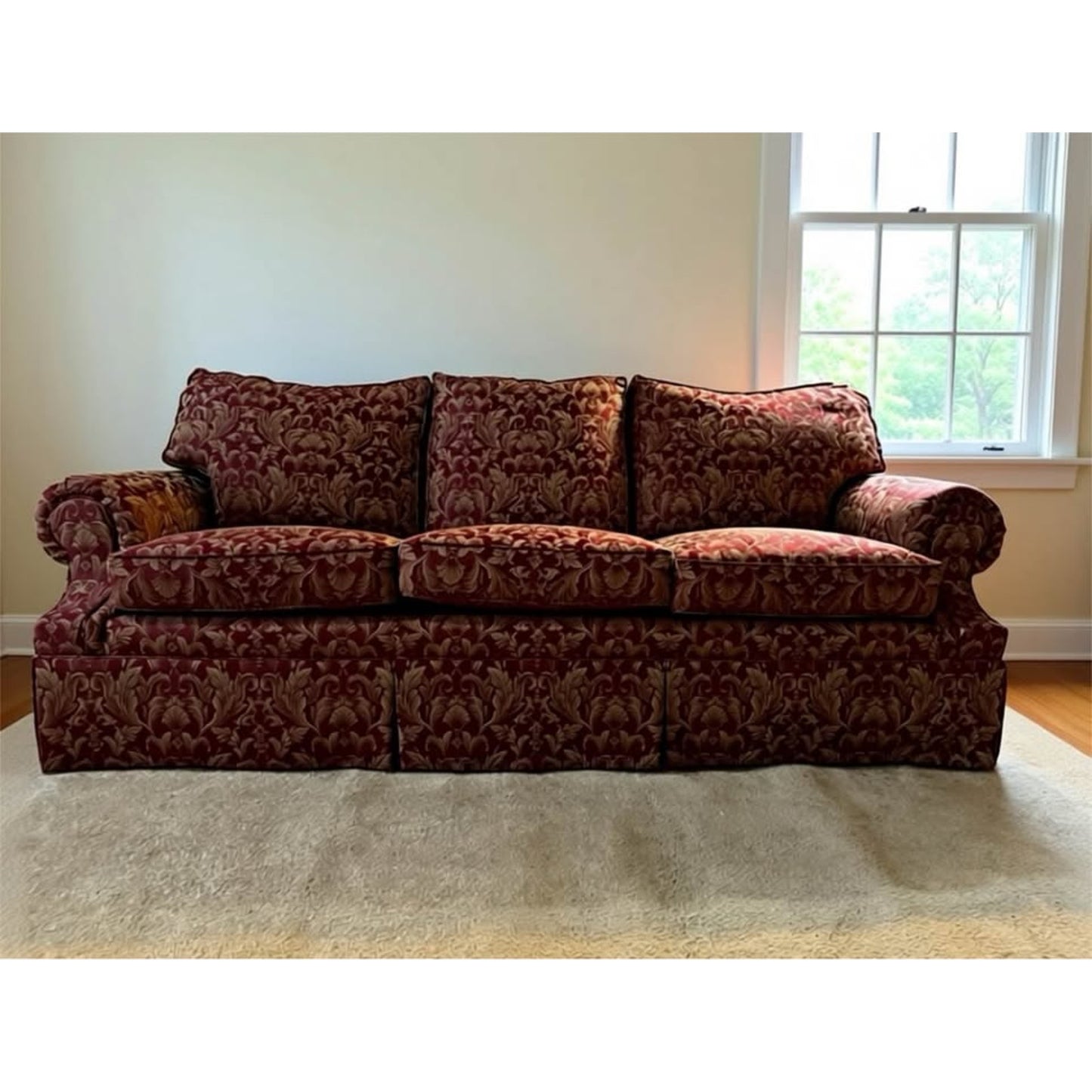 Burgundy and beige 3 seater plush couch very soft