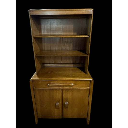 Mid century solid wood hutch with shelves, drawer, and cabinet. Top shelves removable