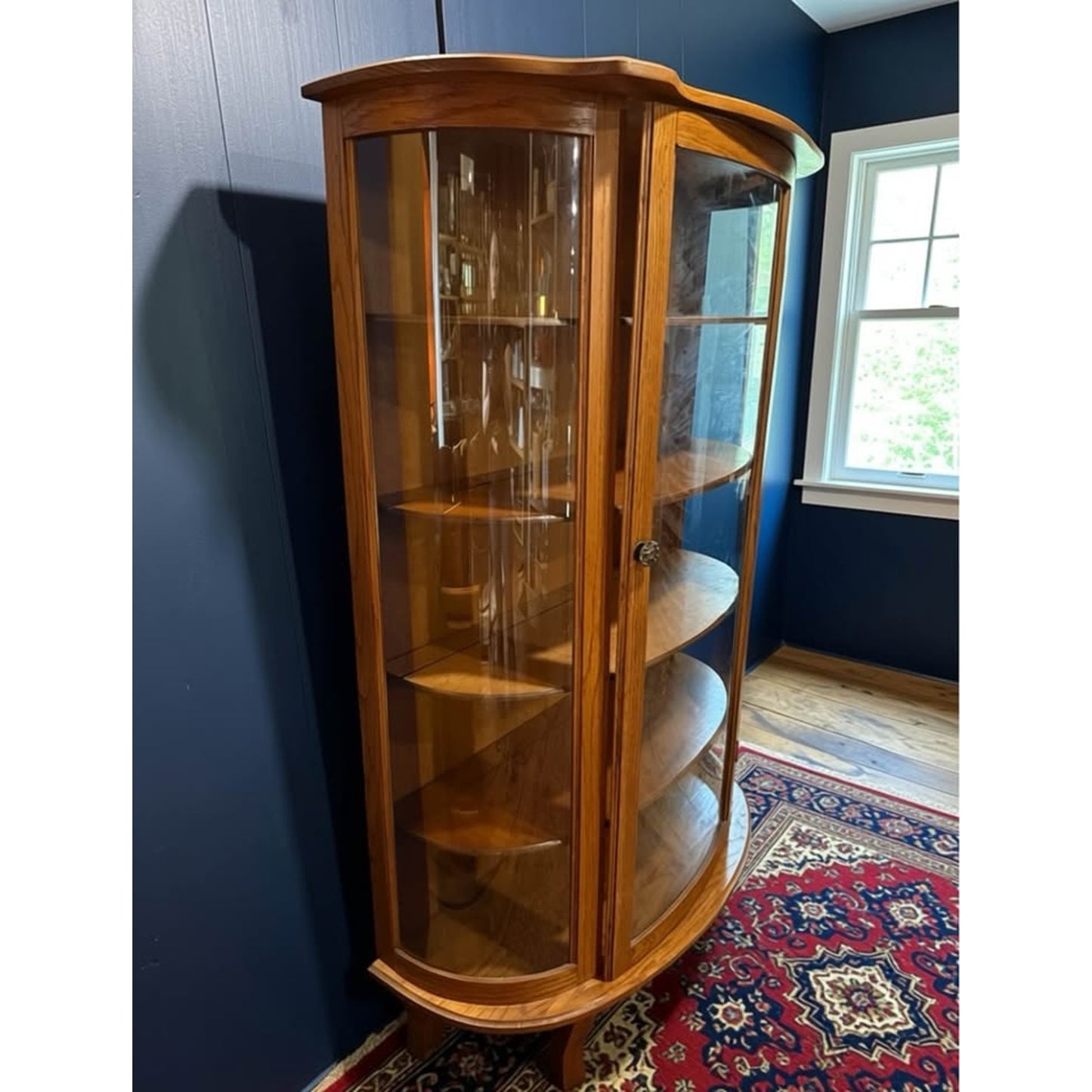 Vintage half moon glass and oak curio cabinet/display cabinet