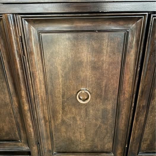 A.R.T Discontinued brindle buffet with Greek style hardware & inner wine slats
