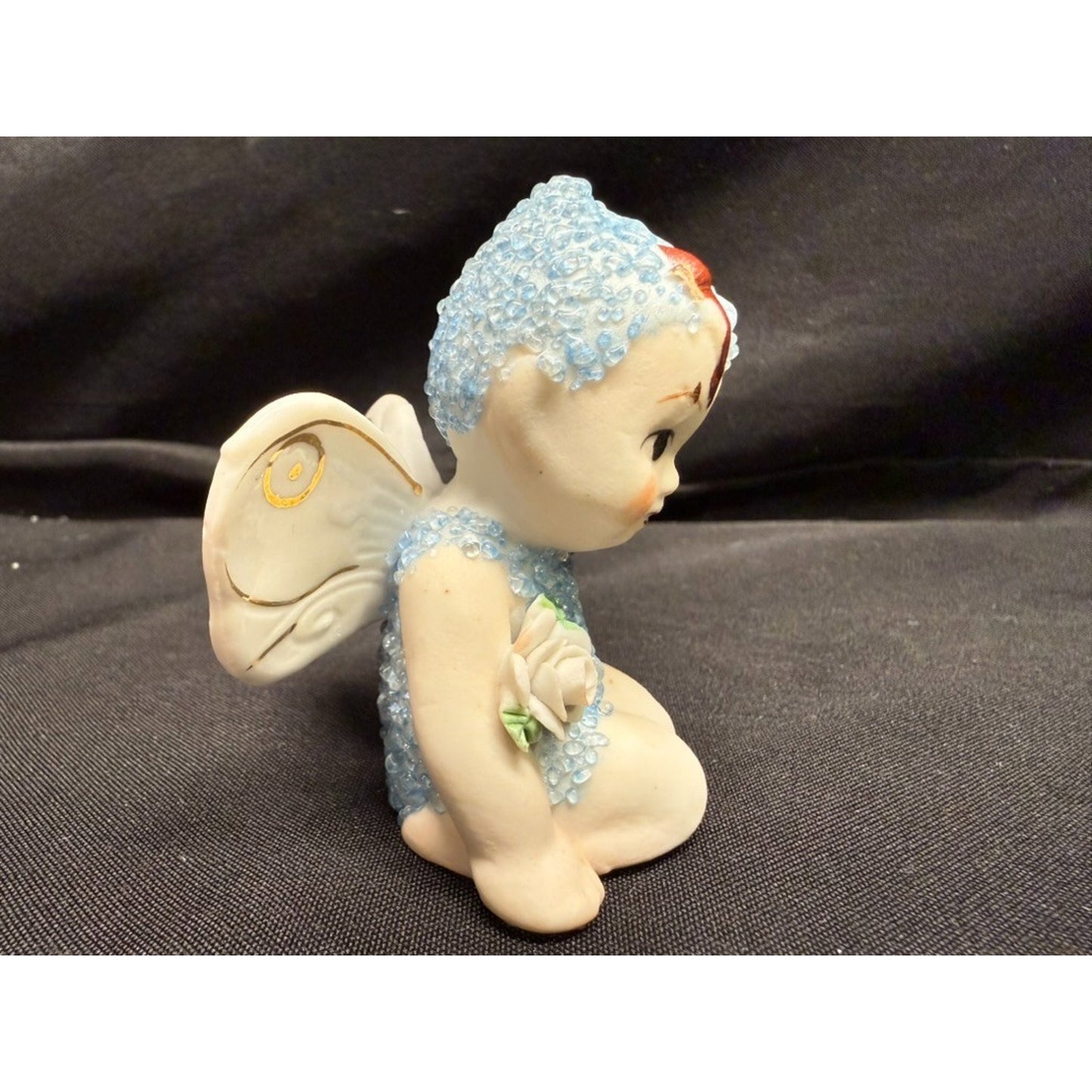 Pair of Vintage Sugar Baby Fairy Pixie Porcelain Figurines 1 blue 1 yellow 2.75"