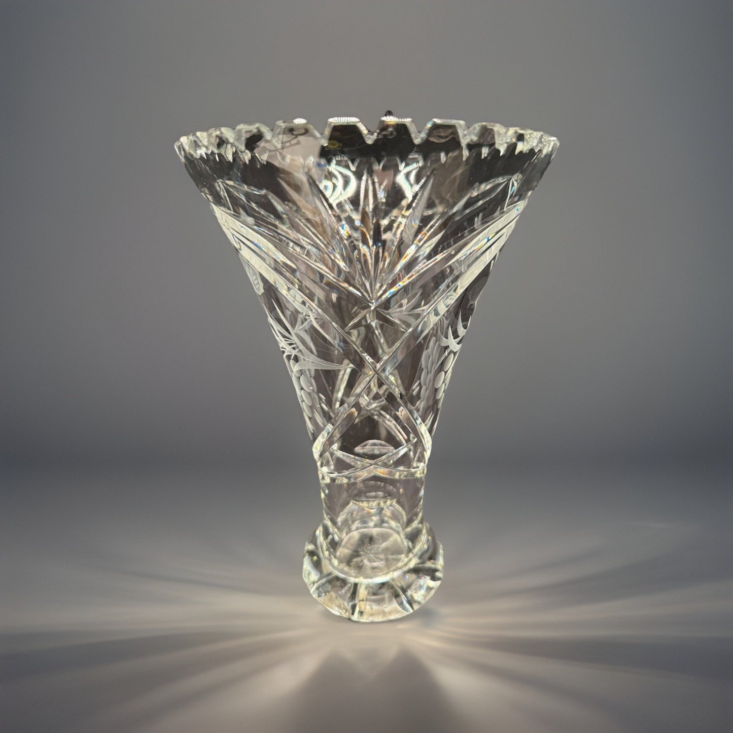 Vintage Crystal clear cut glass Vase Germany Lausitzer Glas etched grapes 10.5”