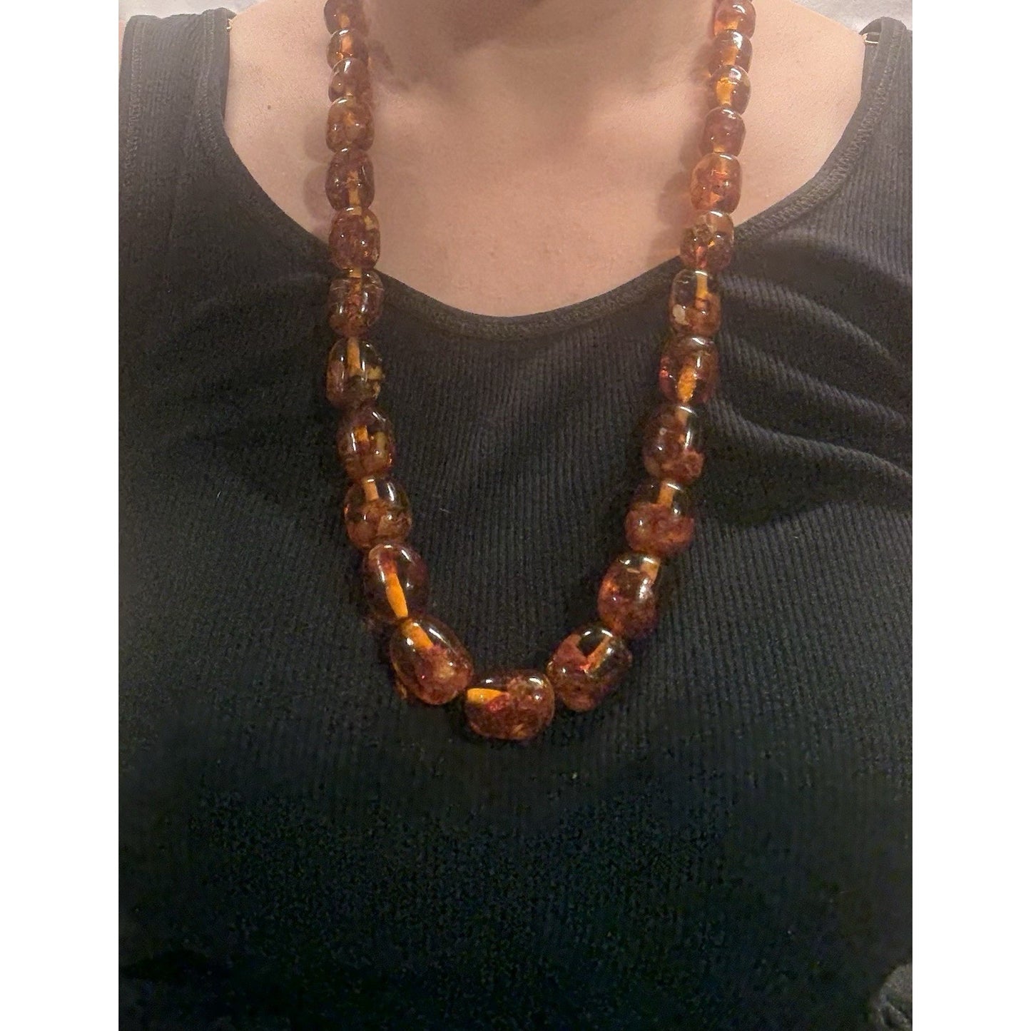 Vintage Baltic amber barrel bead necklace no clasp, pull over head approx. 13”