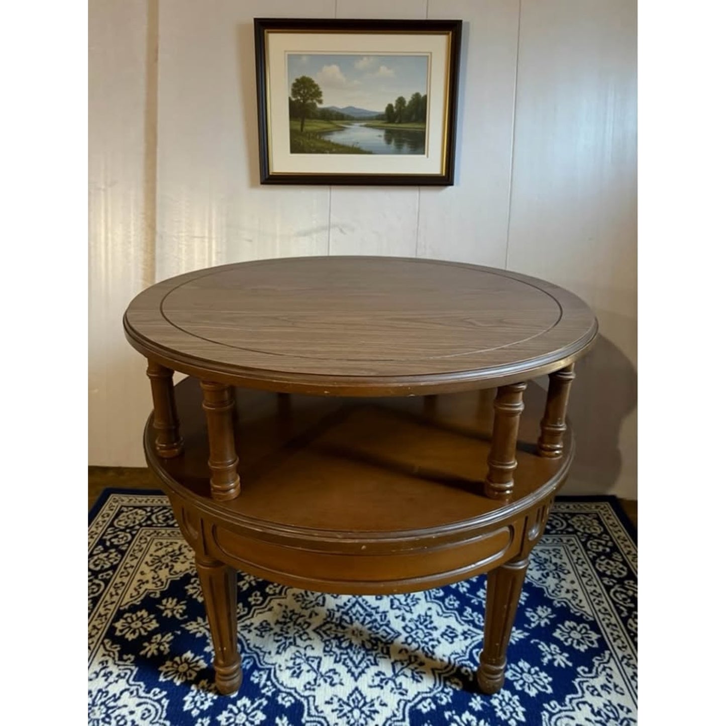 Vintage mersman round 2 tier walnut end table/side table with tapered legs
