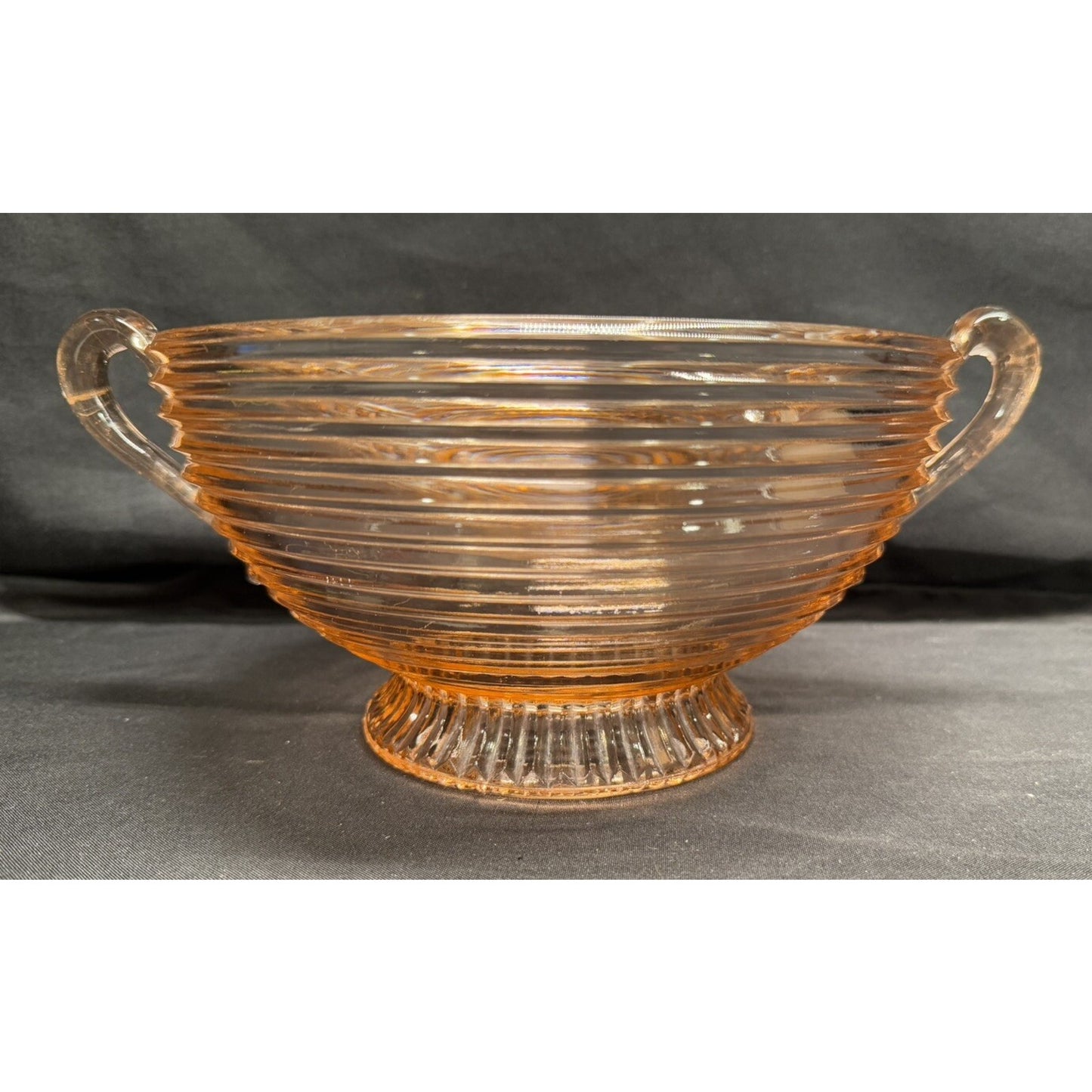 Anchor Hocking 1930s Pink Manhattan Depression glass pedestal bowl with handles