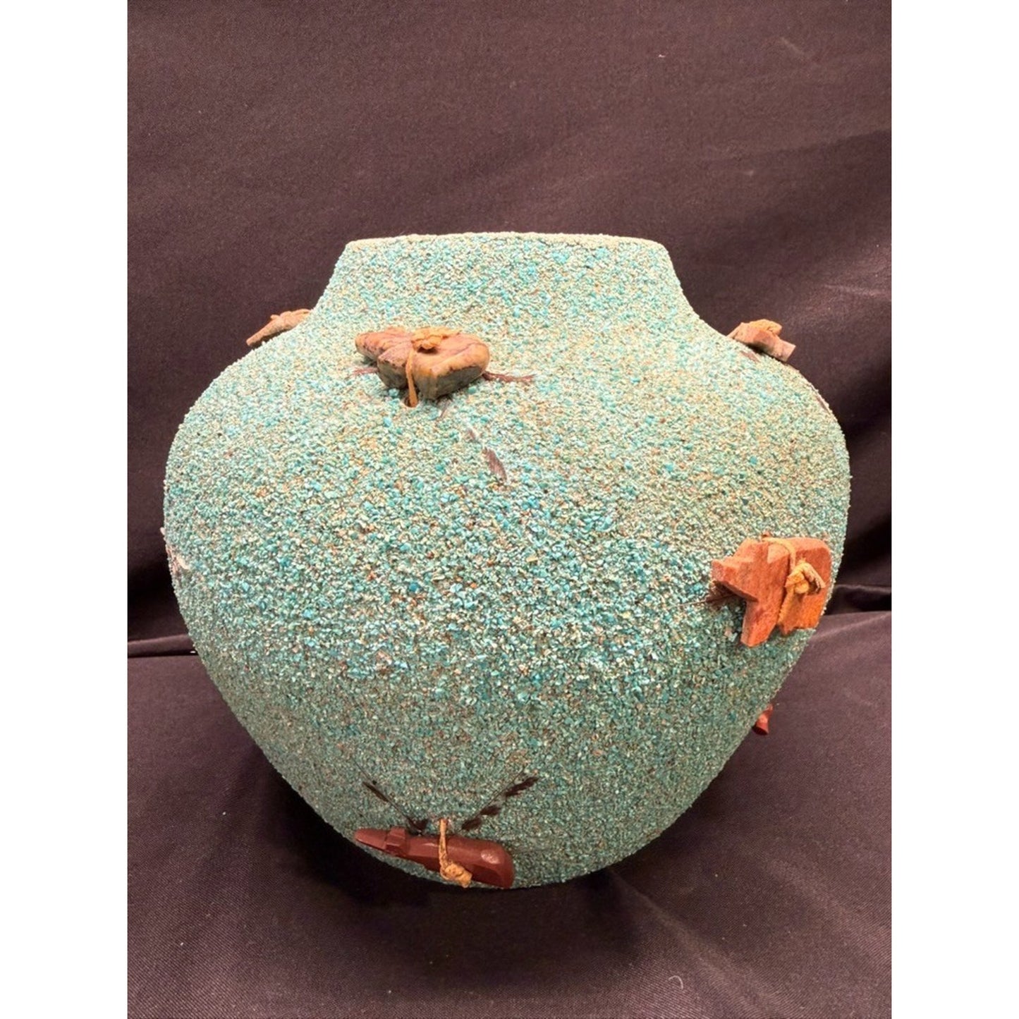 Vintage zuni large fetish pot/jar crushed turquoise 8.5" tall signed by artist
