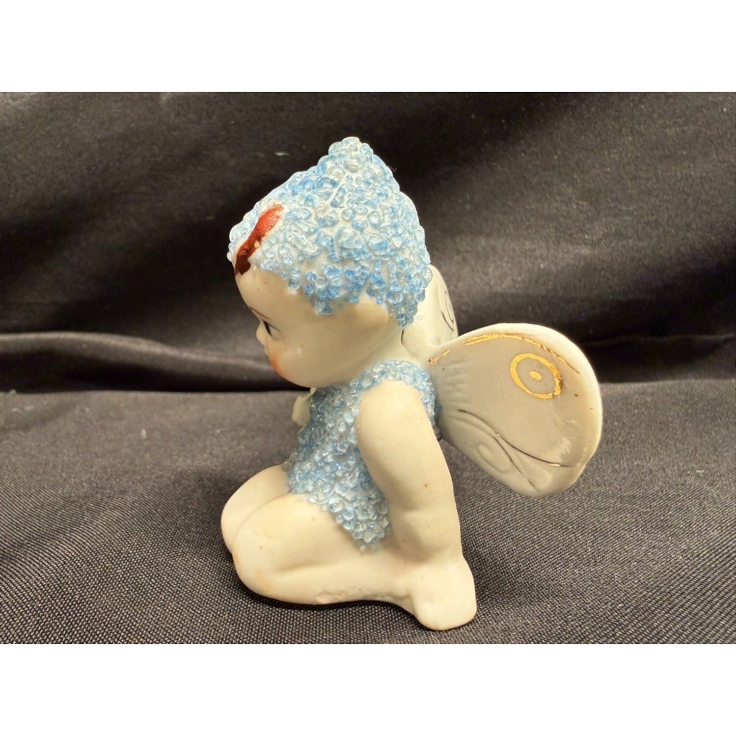 Pair of Vintage Sugar Baby Fairy Pixie Porcelain Figurines 1 blue 1 yellow 2.75"
