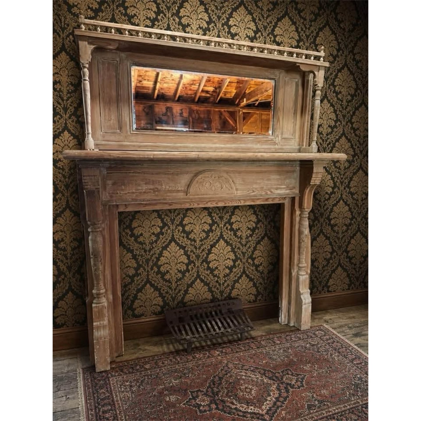Antique architectural salvage wooden fireplace mantel with mirror & top shelf