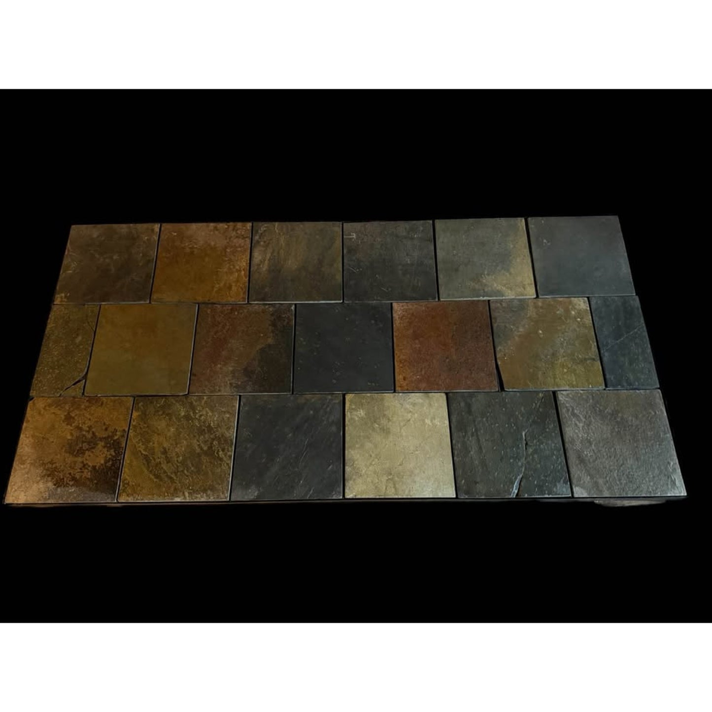 Slate tile top coffee table with black metal frame, nice neutral colors