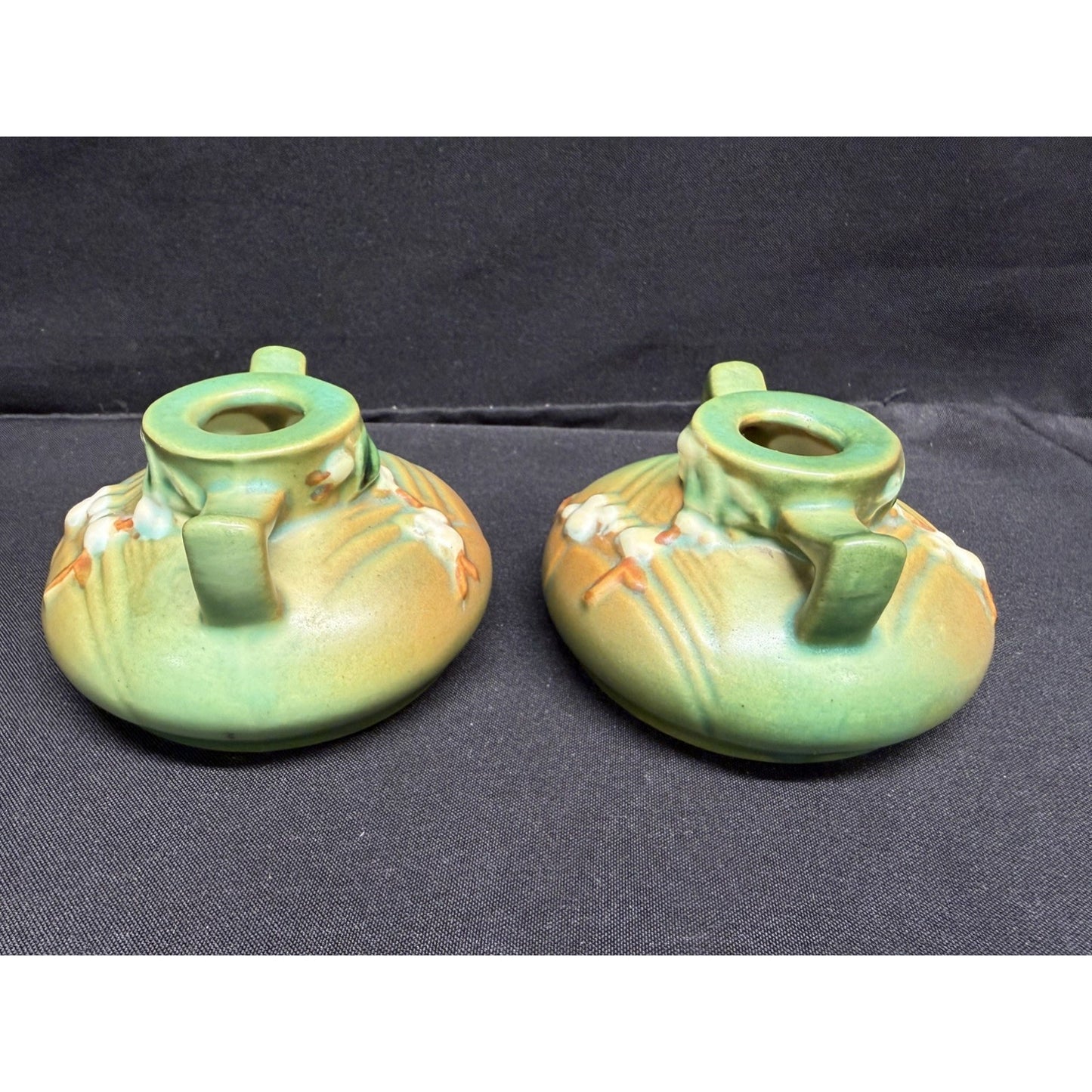 Pair of Roseville Pottery Candlestick Holders Green white berry 1CS1 Vintage