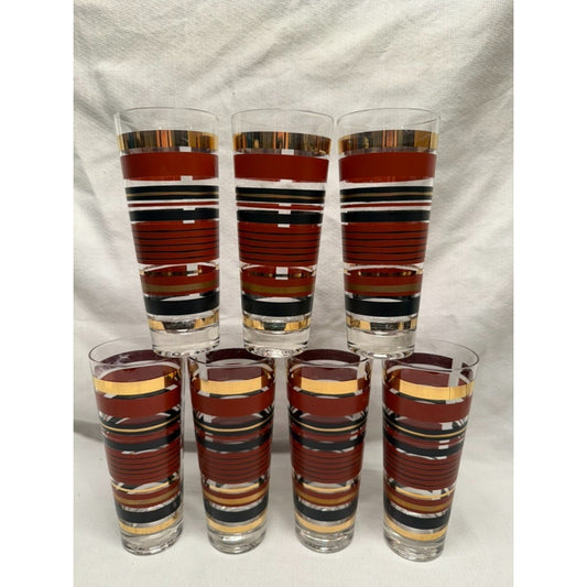 (7) Rare mid century modern high ball striped glasses red gold black 7" tumbler