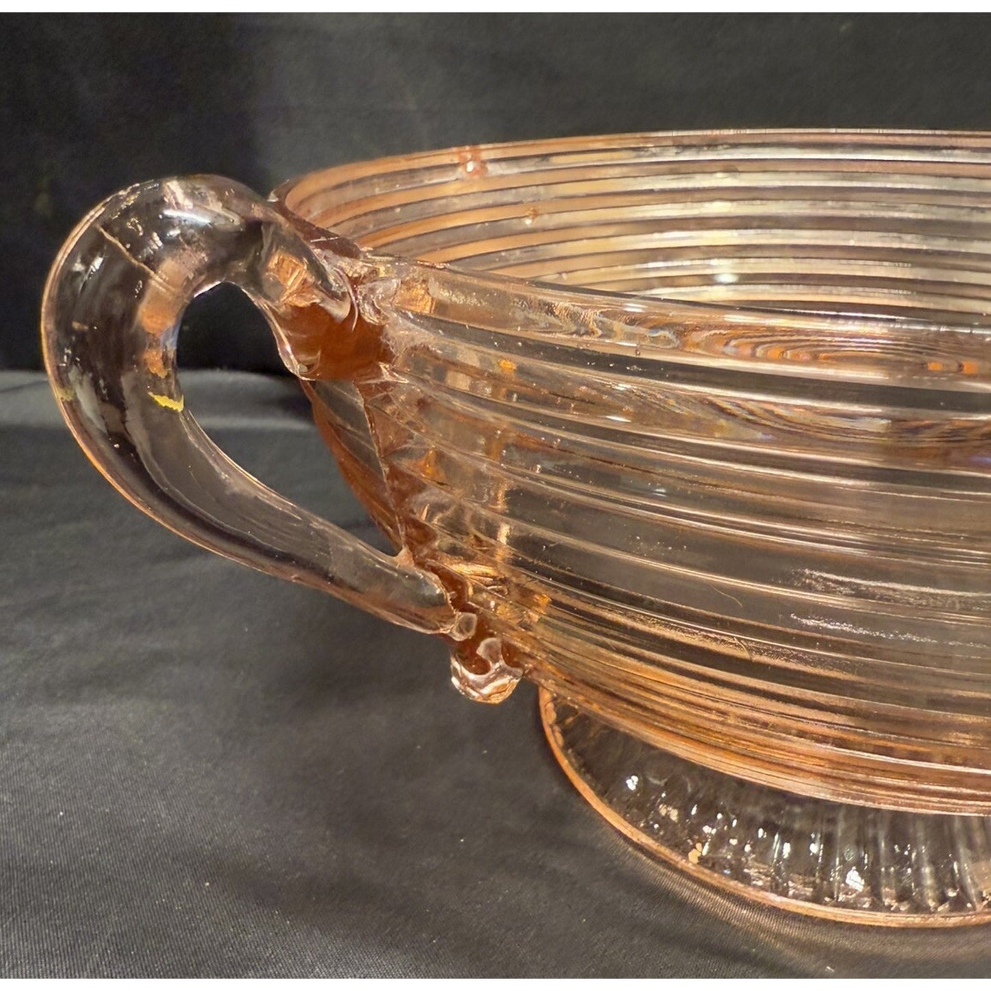 Anchor Hocking 1930s Pink Manhattan Depression glass pedestal bowl with handles