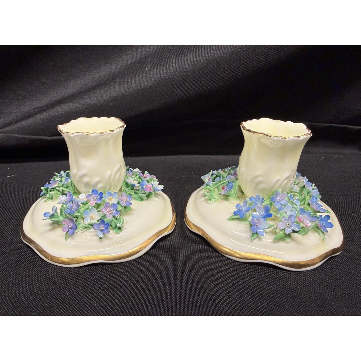 Rare pair crown staffordshire candle holders flowers purple porcelain 2" England