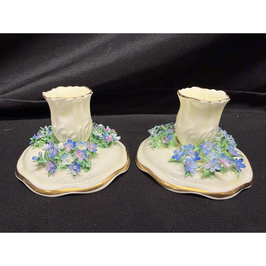 Rare pair crown staffordshire candle holders flowers purple porcelain 2" England