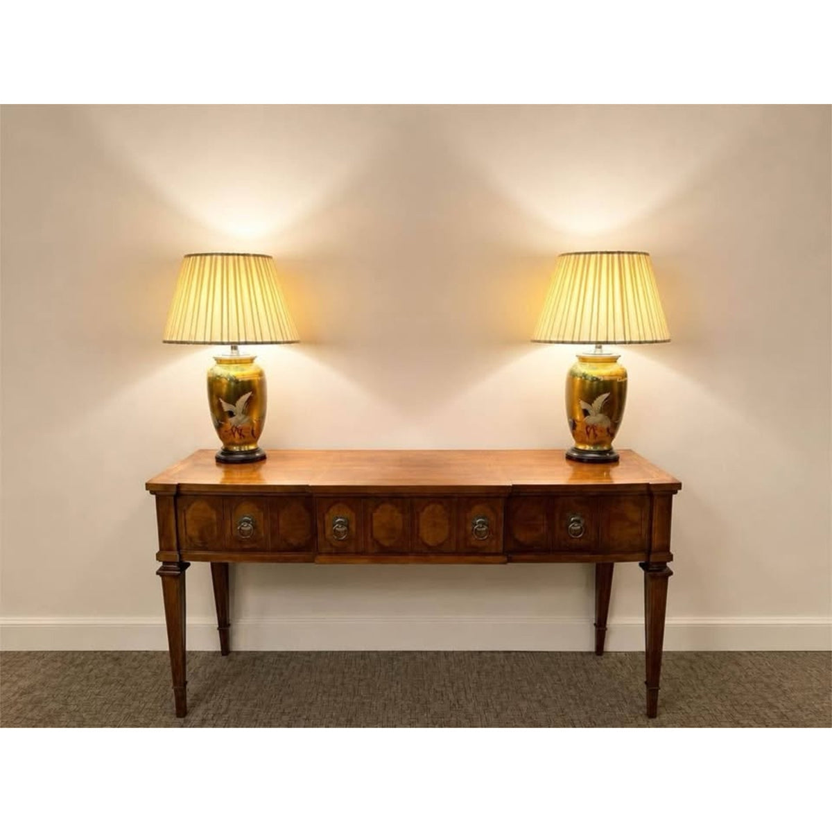 Pair of Vintage Asian hand painted Gold Ceramic Table Lamps with cranes
