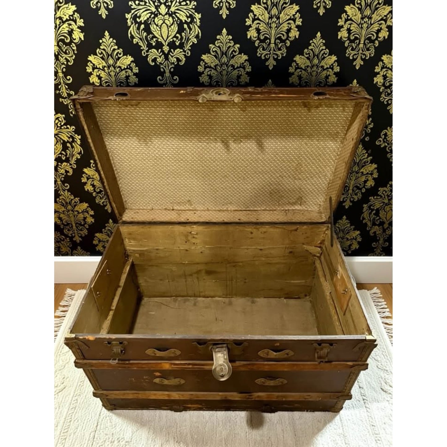 Large Antique wooden flat top steamer trunk