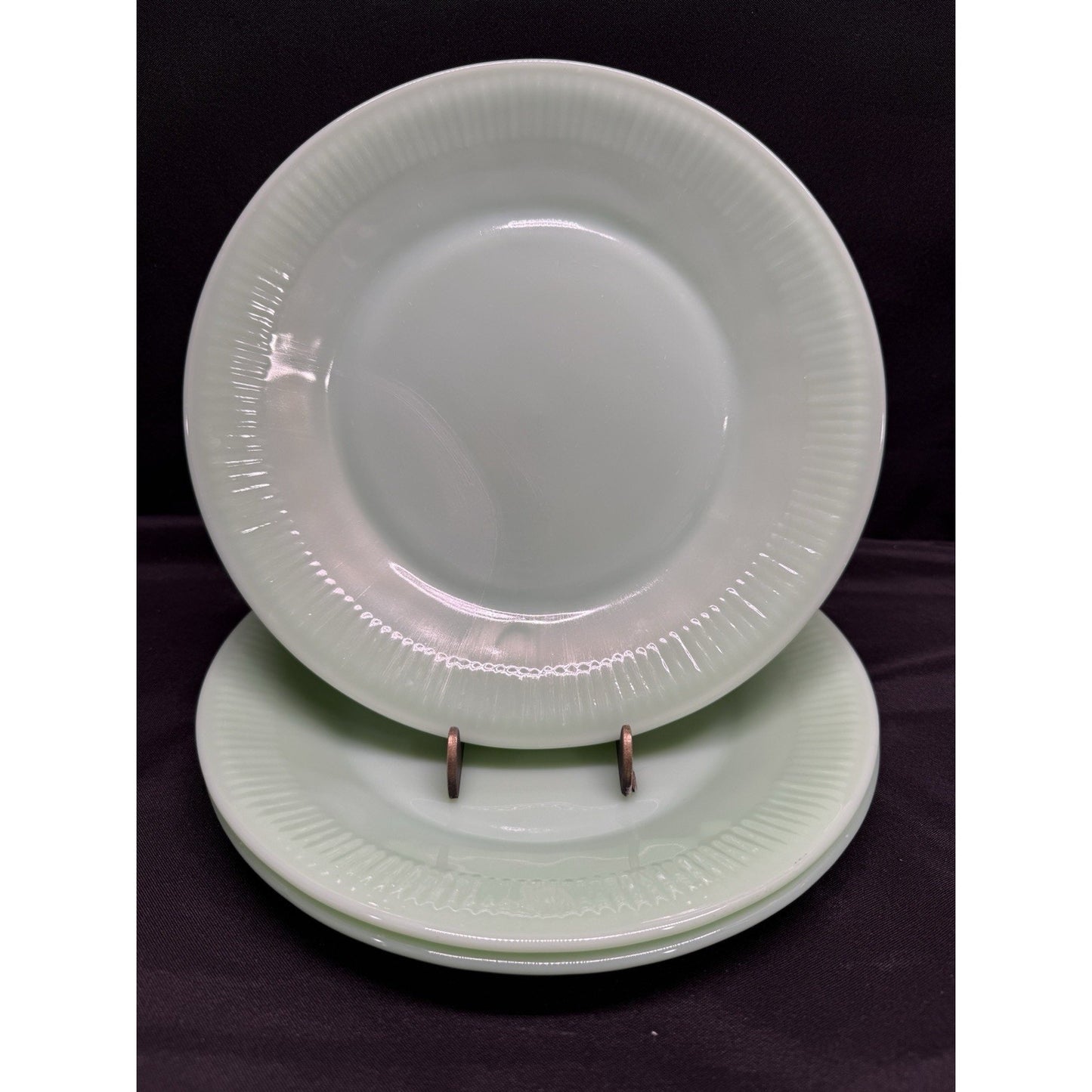 Set of 3 Fire-King Jane Ray lined rim Jadeite Dinner Plates vintage 9 inch green